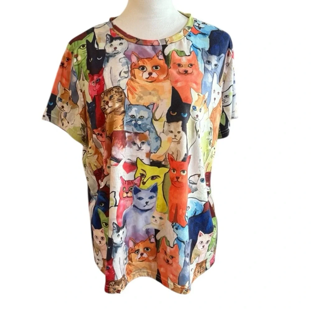 Emery Rose Colorful Cat Print T-Shirt